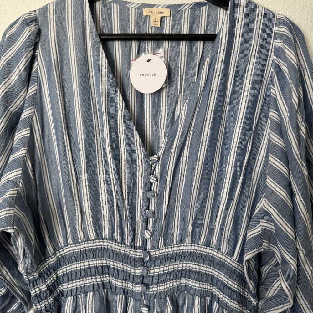 En Crème Blue and White Striped pants romper